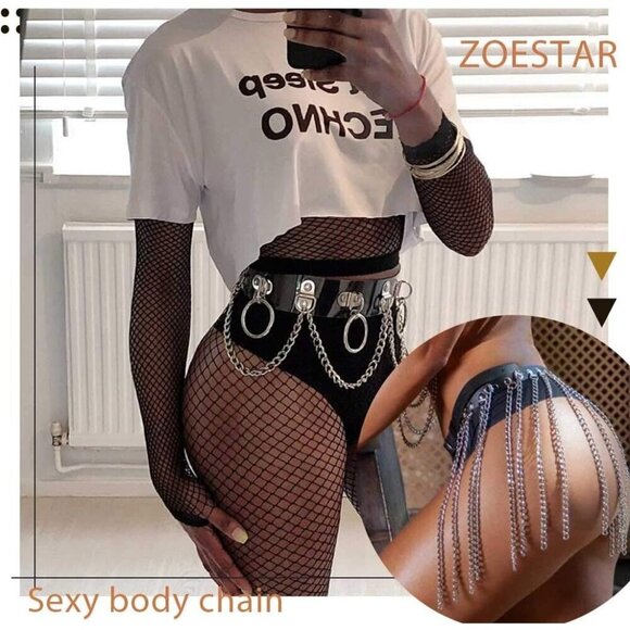 ?Women Black Sexy Leather Waist Belt Tassel Punk Harness Metal Body Cage main image 6